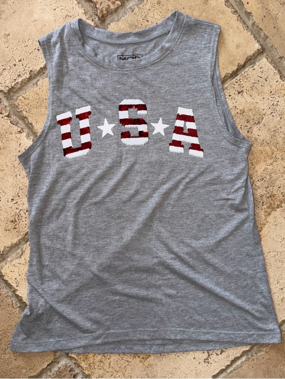 Modern Lux USA Flip-Sequens Tank Top, Women's Extra Small Gray Red White Blue